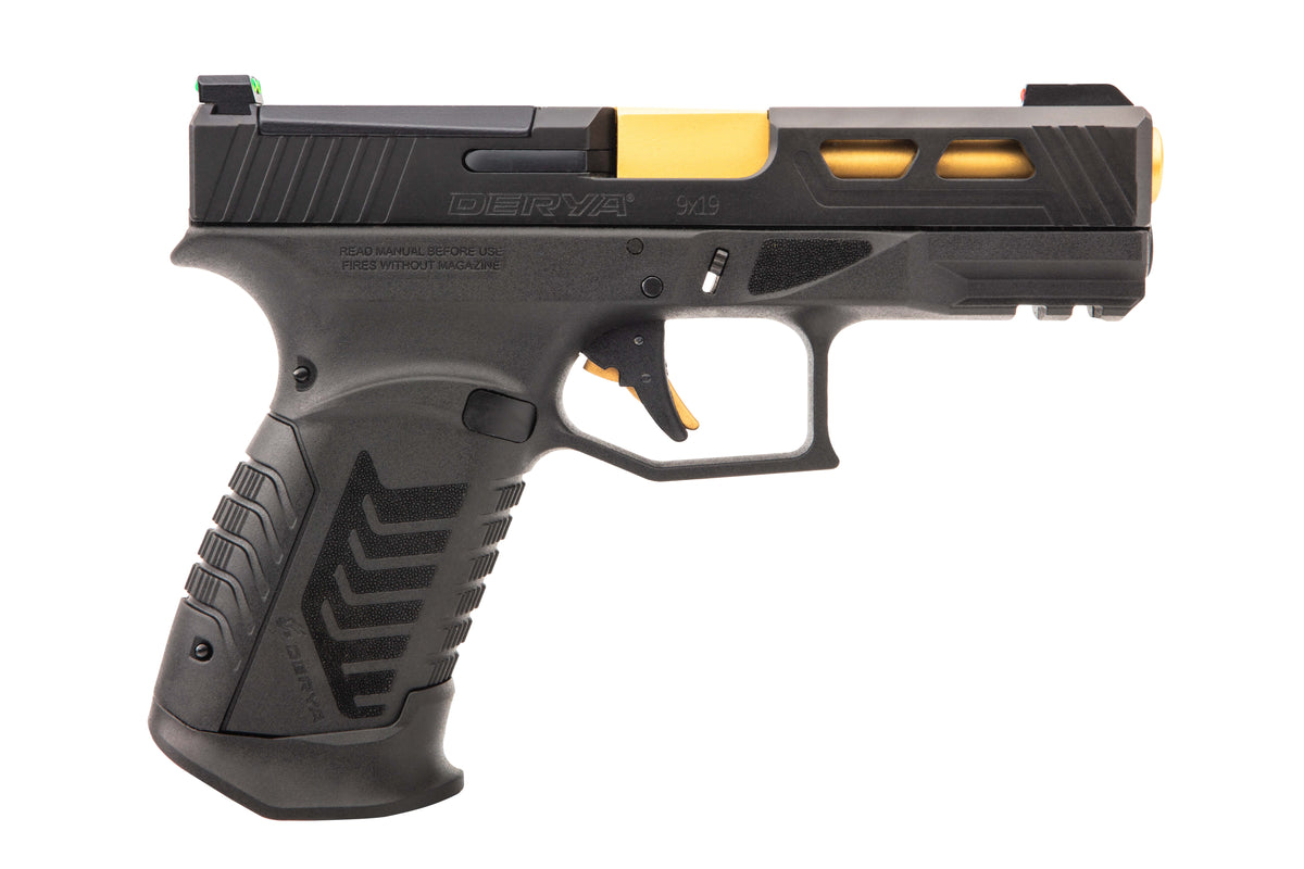 Derya Firearms DY9GUS DY9 9mm Luger 15+1 4.02" Gold TiN Steel Barrel, Black Nitride Optics Ready/Serrated Alloy Steel Slide, Black Polymer Frame w/Accessory Rail, Black Interchangeable Backstrap Grip
