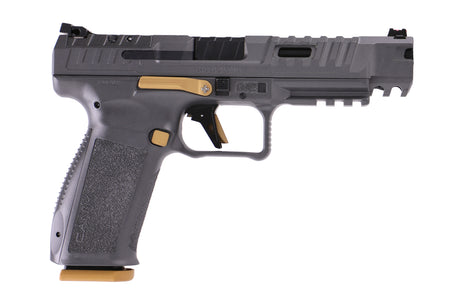 Canik HG6610TN SFx Rival Full Size 9mm Luger 18+1, 5" Black Steel Barrel, Rival Gray Ported/Serrated Slide, Rival Gray w/Gold Accents Polymer Frame w/Beavertail & Picatinny Rail, Ambidextrous
