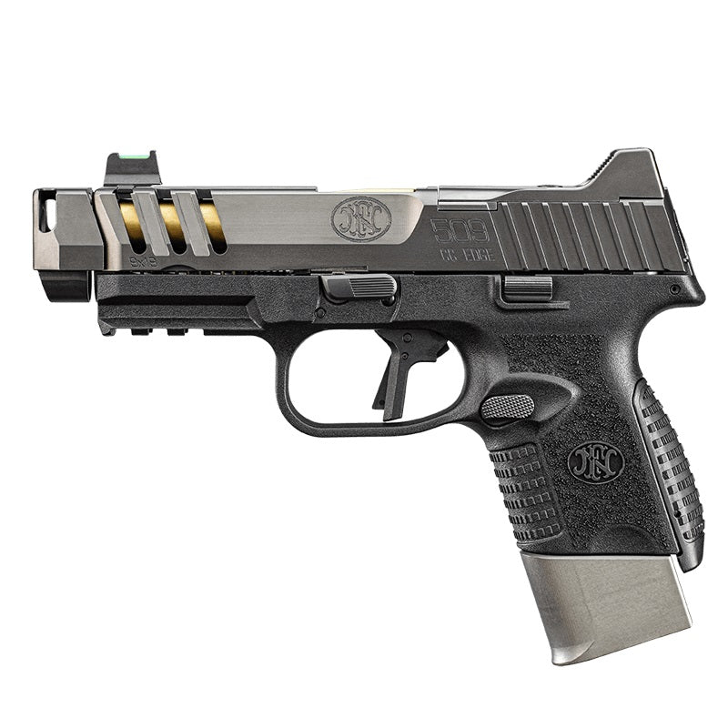 FN 66101347 509 CC Edge 9mm Luger 12+1/15+1 (2) 4.20" Threaded Gold Barrel, Black Frame, Graphite Optic & Lightening Cut Slide, Optic Height Fiber Optic Sights, Compensator (No Manual)