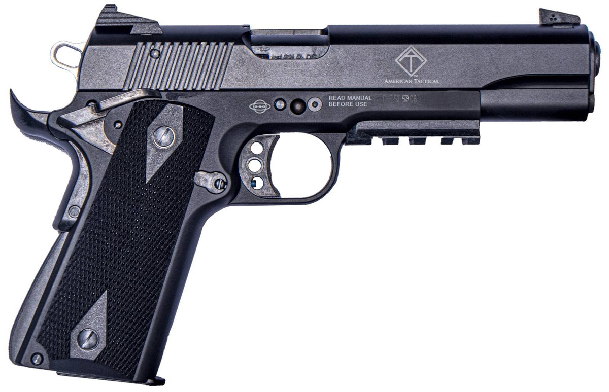 GSG G1911ADOPS 1911 ADOP 22 LR 10+1 5" All Black Steel/Threaded Barrel, Serrated Slide, Zinc Alloy w/Picatinny Rail & Beavertail Frame Black Polymer Grip, Faux Suppressor