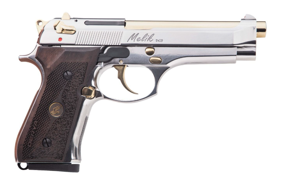 Derya Firearms 15L.MELIK9.NG.TR Melik 9mm Luger 15+1 4.90" Gold TiN Steel Barrel, Black Melonite Serrated Steel Slide, Black Aluminum Frame, Black Polymer Grip