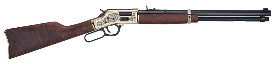 Henry H006GCD Deluxe Side Gate Full Size 45 Colt (Long Colt) 10+1 20" Blued Octagon Barrel, Polished Brass Engraved Receiver, Drilled & Tapped, Fixed American Walnut Stock Ambidextrous