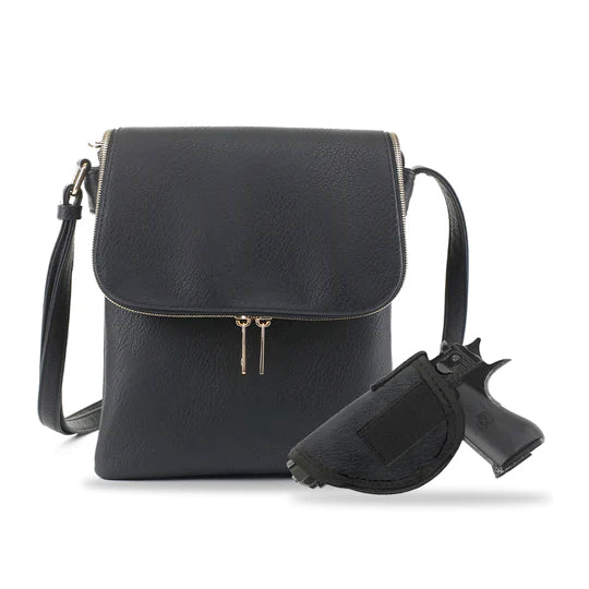 JESSIE & JAMES CHEYANNE CONCEALED CARRY LOCK AND KEY CROSSBODY HANDBAG 11 H X 9 W X 1.5 D ( BLACK )