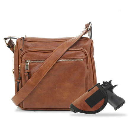 JESSIE & JAMES BROOKLYN CONCEALED CARRY LOCK & KEY CROSSBODY HANDBAG 9.5 H X 10.5 W X 3.5 D ( TAN )