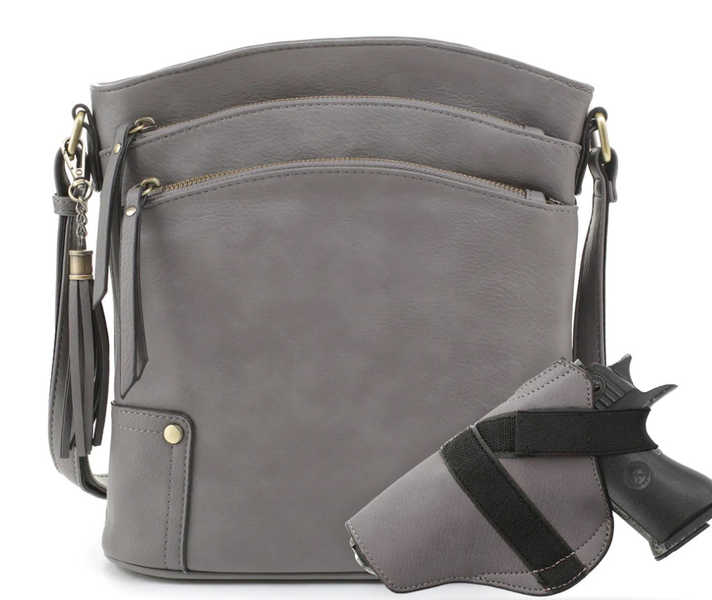 JESSIE & JAMES ROBIN CONCEALED CARRY LOCK AND KEY CROSSBODY HANDBAG 11 H X 10.25 W X 3 D ( GREY )