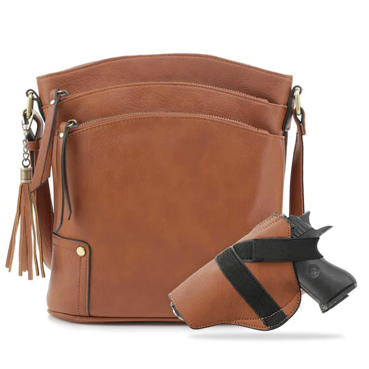 JESSIE & JAMES ROBIN CONCEALED CARRY LOCK AND KEY CROSSBODY HANDBAG 11 H X 10.25 W X 3 D ( TAN )