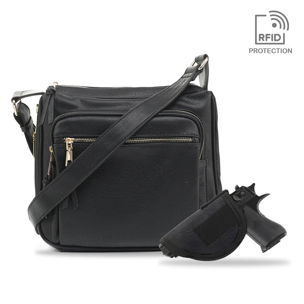 JESSIE & JAMES BROOKLYN CONCEALED CARRY LOCK & KEY CROSSBODY HANDBAG 9.5 H X 10.5 W X 3.5 D ( BLACK)