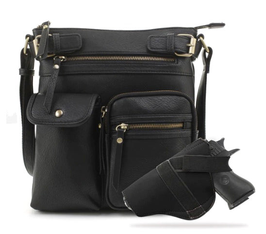JESSIE & JAMES SHELBY CONCEALED CARRY LOCK AND KEY CROSSBODY HANDBAG 11 H X 9.5  W X 1.5 D ( BLACK )