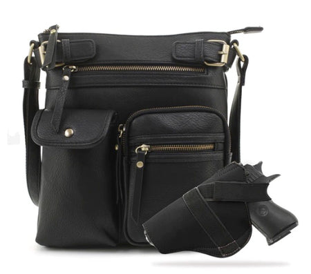 JESSIE & JAMES SHELBY CONCEALED CARRY LOCK AND KEY CROSSBODY HANDBAG 11 H X 9.5  W X 1.5 D ( BLACK )