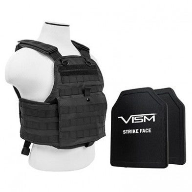 NCSTAR PLATE CARRIER VEST BLACK W/ 2 10"X12" SHOOTER CUT HARD PE BALLISTIC PANELS