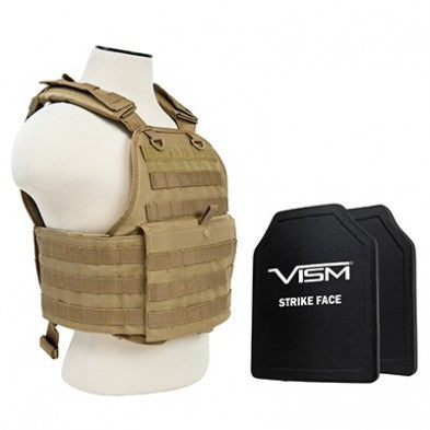 NCSTAR PLATE CARRIER VEST TAN W/ 2 10"X12" SHOOTER CUT HARD PE BALLISTIC PANELS