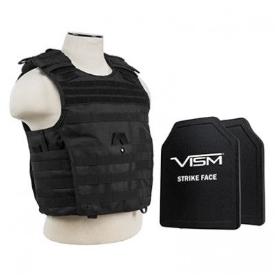 NCSTAR EXPERT PLATE CARRIER VEST BLACK W/ 2 10"X12" SHOOTER CUT HARD PE BALLISTIC PANELS MED-2XL