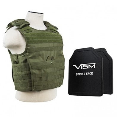 NCSTAR EXPERT PLATE CARRIER VEST OD GREEN W/ 2 10"X12" SHOOTER CUT HARD PE BALLISTIC PANELS MED-2XL