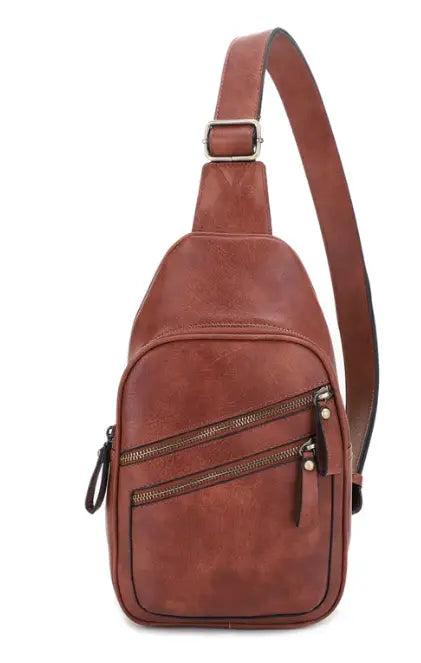 JESSIE & JAMES JEANNIE CONCEALED CARRY 2 POCKET SLING BAG 12.5 H X 7.5 W X 3.5 D ( BROWN)
