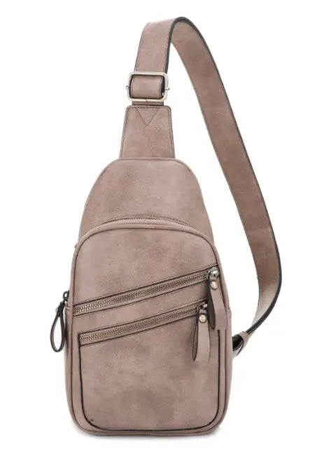 JESSIE & JAMES JEANNIE CONCEALED CARRY 2 POCKET SLING BAG 12.5 H X 7.5 W X 3.5 D ( LT TAUPE )
