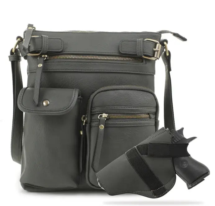 JESSIE & JAMES SHELBY CONCEALED CARRY LOCK AND KEY CROSSBODY HANDBAG 11 H X 9.5  W X 1.5 D ( DK GR )