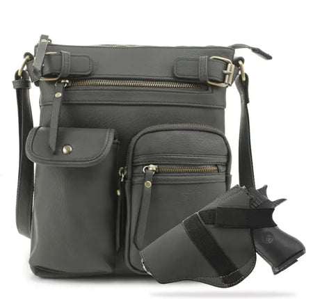 JESSIE & JAMES SHELBY CONCEALED CARRY LOCK AND KEY CROSSBODY HANDBAG 11 H X 9.5  W X 1.5 D ( DK GR )