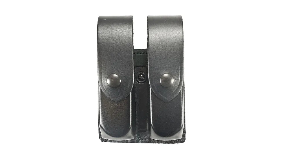DESANTIS DOUBLE MAG POUCH GLOCK 17 22 37 HK USP 9/40 PLAIN BLACK LEATHER BRASS SNAPS
