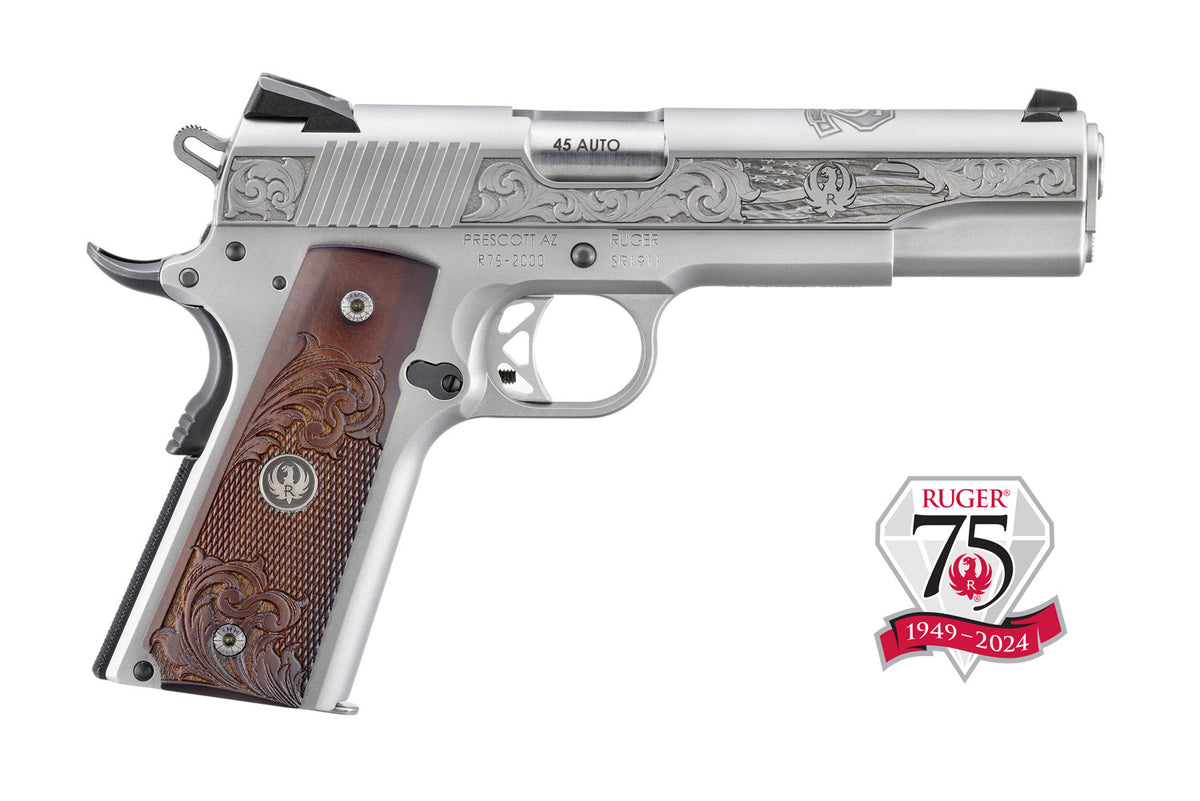 dRUGER 75TH ANNIVERSARY SR1911 5" 45ACP STS CUSTOM ENGRVED & WOOD GRIP