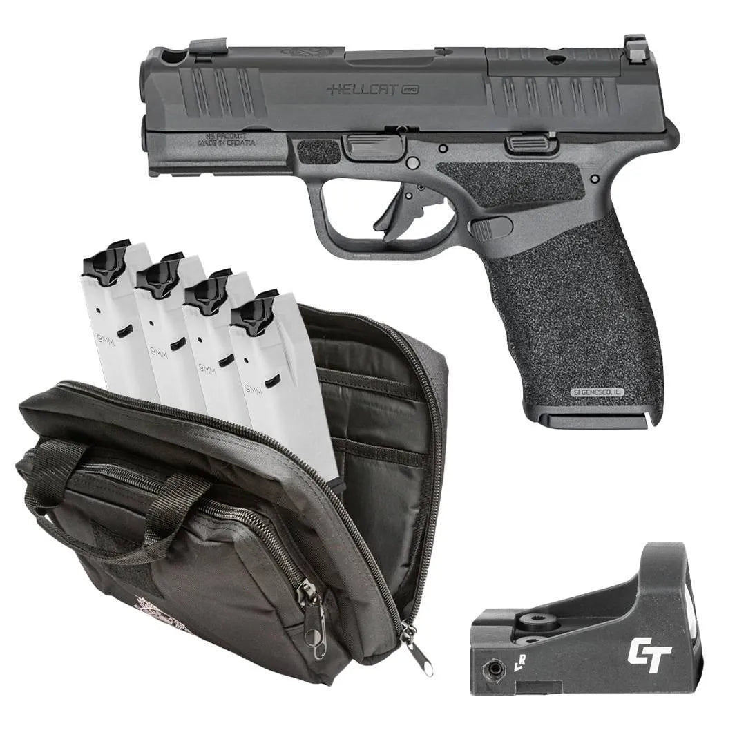 dSPRINGFIELD ARMORY HELLCAT PRO GEAR UP OSP 9MM PISTOL BLK 5-15RD, CT1500, RANGE BAG