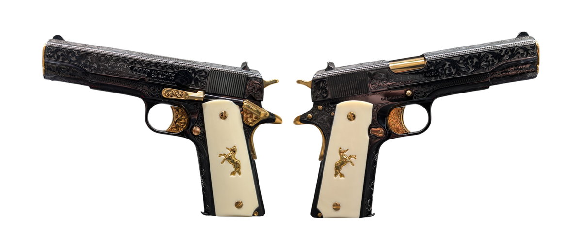 COLT 1911 GOVT 45ACP DEEP ENGRAVED, GOLD PLATED, IVORY GRIP, UPGRADED ENGRAVED TRIGGER 5" 7+1 BLUED
