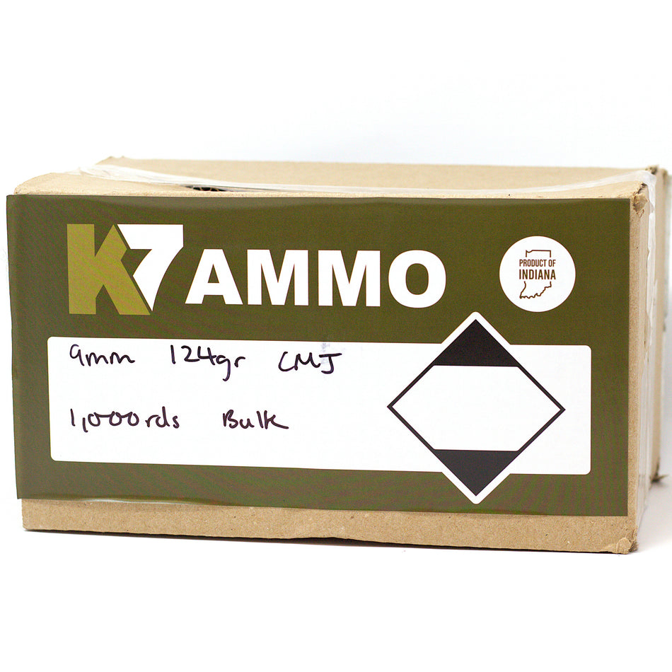 K7 9mm Luger 124 Grain Complete Metal Jacket (CMJ) Range Ammo Bulk Pack(1000ct) - MADE IN THE USA