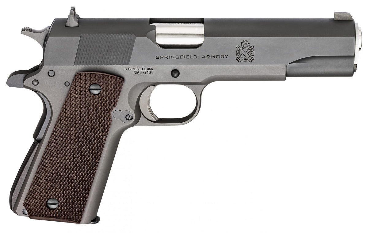 Springfield Armory PBD9108L 1911 Mil-Spec Defender Legacy 45 ACP 7+1 5" Satin Stainless Match Grade Barrel, Black Parkerized Serrated Carbon Steel Slide & Frame w/Beavertail, Checkered Wood Grip