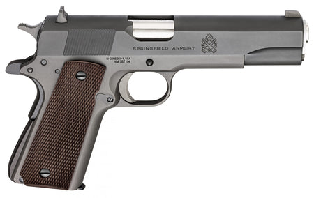 Springfield Armory PBD9108L 1911 Mil-Spec Defender Legacy 45 ACP 7+1 5" Satin Stainless Match Grade Barrel, Black Parkerized Serrated Carbon Steel Slide & Frame w/Beavertail, Checkered Wood Grip