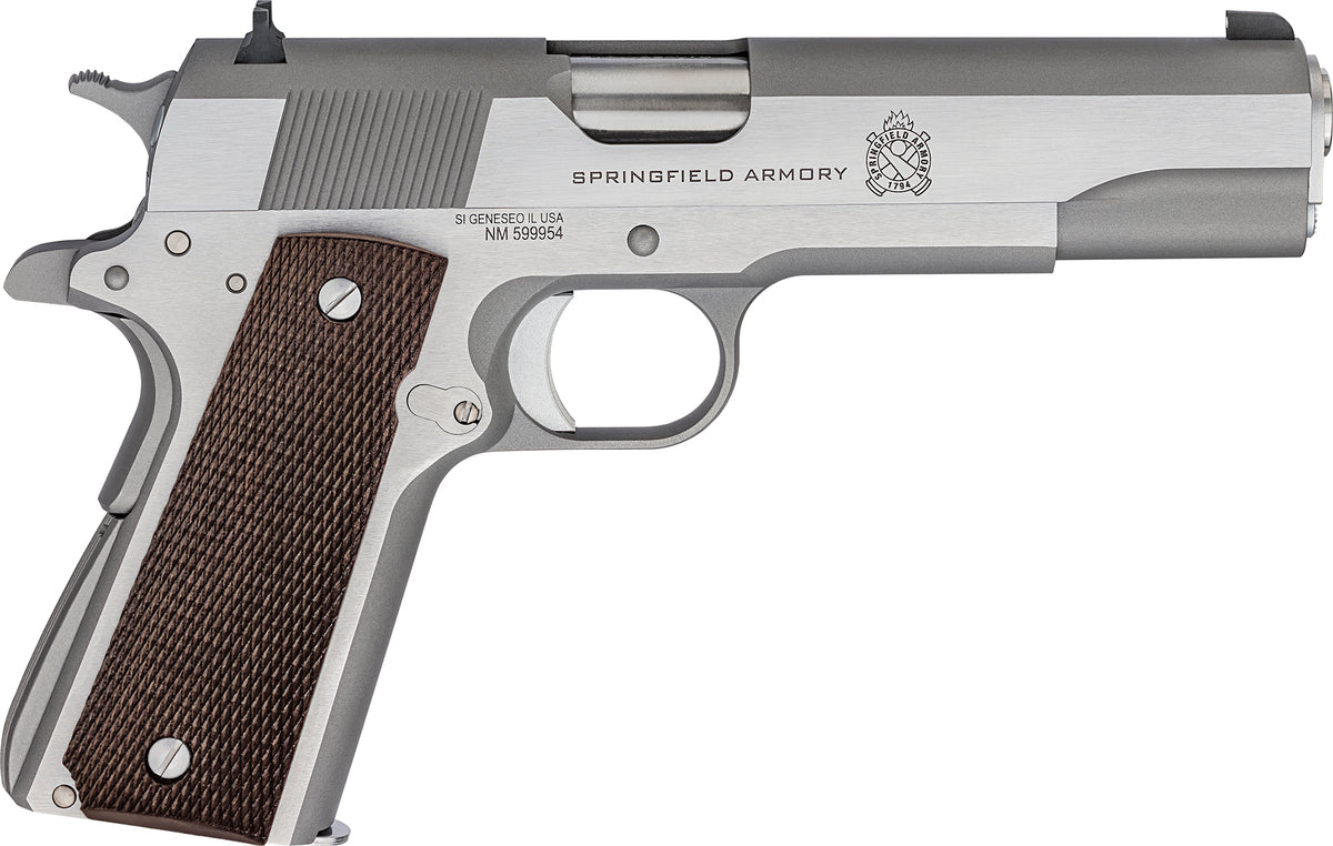 Springfield Armory PBD9151L 1911 Mil-Spec Defend Your Legacy 45 ACP 7+1, 5" Stainless Steel Match Grade Barrel, Stainless Serrated Slide, Stainless Steel Frame w/Beavertail, Checkered Wood Grip
