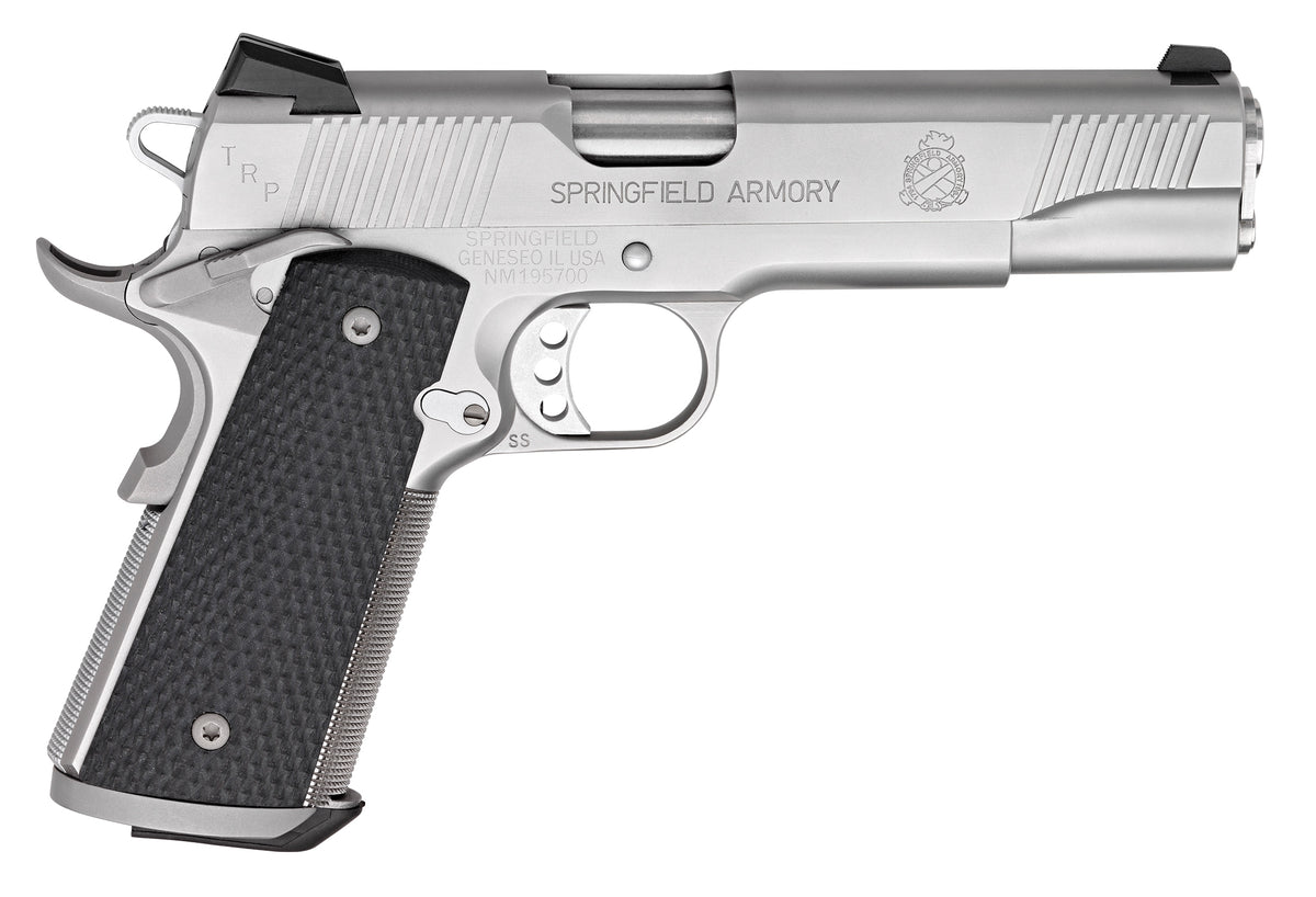 Springfield Armory PC9107LCA18 1911 TRP *CA Compliant 45 ACP 7+1, 5" Match Grade Steel Steel Barrel, Serrated Slide & Frame w/Beavertail, Black G10 Grip