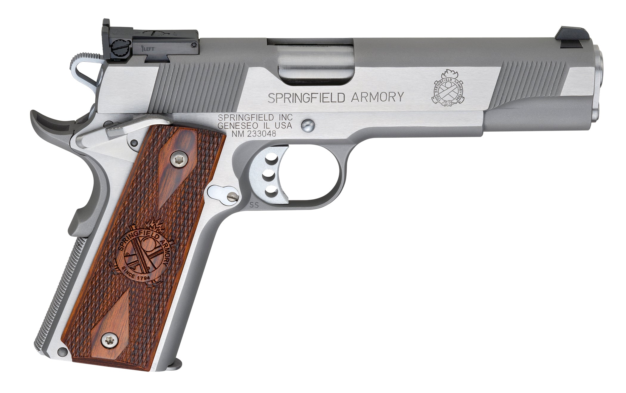 Springfield Armory PI9134LCA 1911 Loaded Target *CA Complaint 9mm Luger 9+1, 5" Stainless Match Grade Barrel, Serrated Slide & Frame w/Beavertail, Crossed Cannon Cocobolo Grip