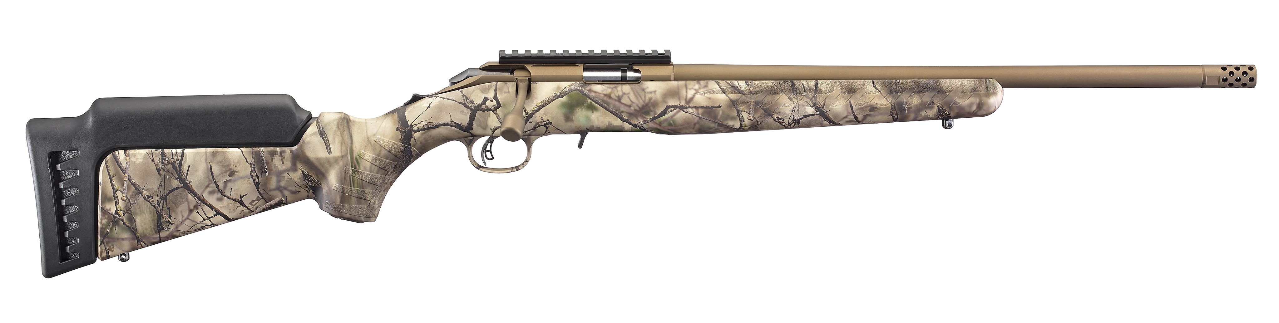 Ruger 8373 American Rimfire Full Size 22 WMR 9+1 18" Bronze Cerakote Threaded Barrel & Alloy Steel Receiver w/Picatinny Rail, Go Wild Camo I-M Brush Fixed Synthetic Stock, Right Hand
