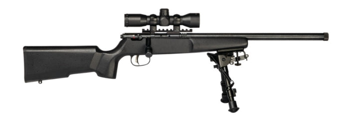 Savage Arms 13824 Rascal Target XP Youth 22 LR 1rd 16.13" Black Satin Heavy Threaded Barrel, Satin Black Drilled & Tapped Carbon Steel Receiver, Matte Black Fixed Wood Stock, 4x32mm Scope & Bipod, Rig