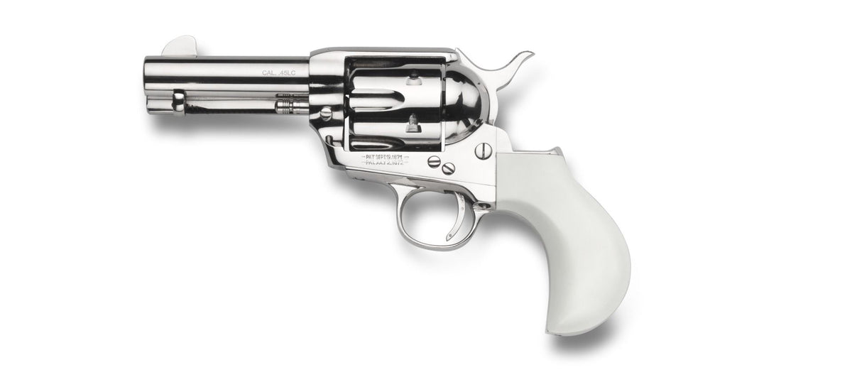 Taylors & Company 200111 1873 Flat Top Pietta 9mm Luger 6 Shot 3.50" Nickel Round Barrel, Cylinder & Steel Frame, PVC White Flat Birdshead Grip, Exposed Hammer