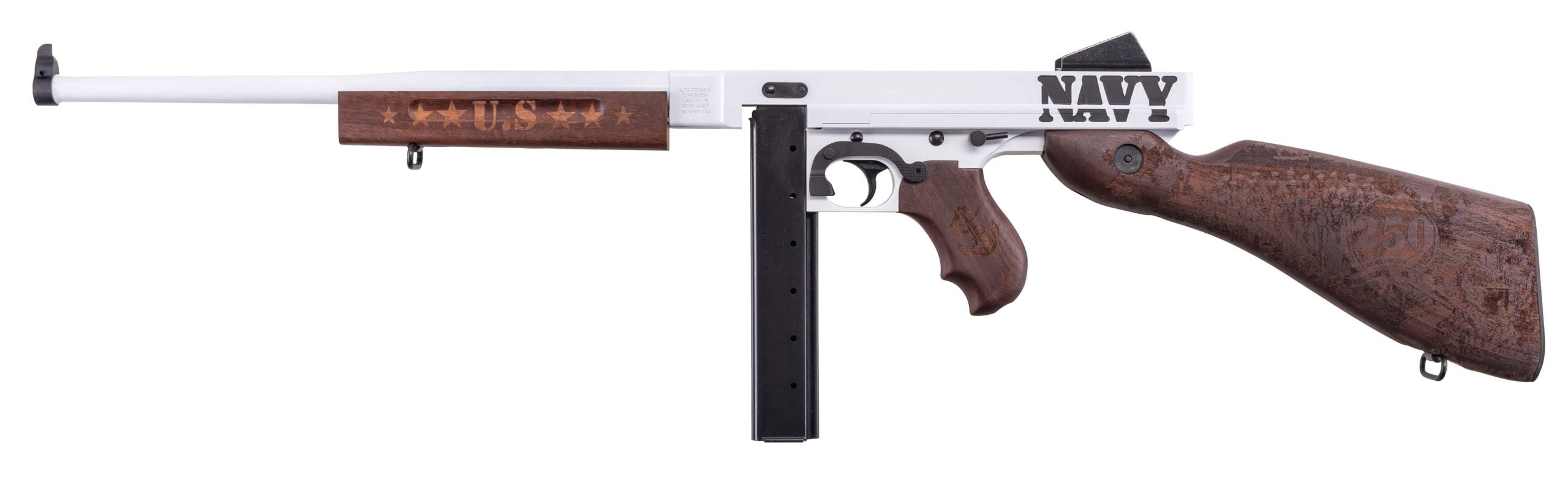 Thompson TM1C5 Navy 250th Anniversary 45 ACP 30+1 16.50" Arctic White & Savage Stainless Cerakote Arctic Steel Barrel & Receiver, Engraved Walnut Fixed Stock, Engraved Wood Grip