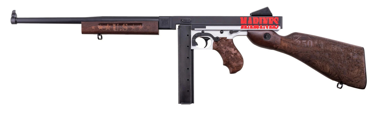 Thompson TM1C6 Marines 250th Anniversary 45 ACP 30+1 16.50" Midnight Blue Cerakote Barrel, Midnight Blue/Stormtrooper White Cerakote Steel Receiver, Engraved Walnut Fixed Stock, Engraved Wood Grip
