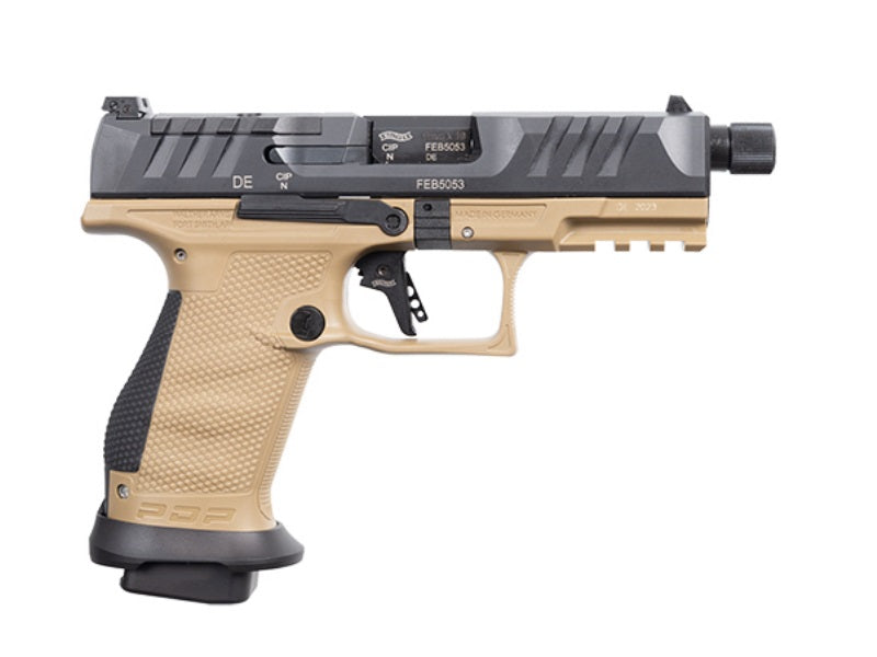 Walther Arms 2877520 PDP Compact Pro SD 9mm Luger 15+1 4.60" Threaded Barrel, Black Optic Cut/Serrated Slide, FDE Polymer Frame with Pic. Rail, Performance Duty Textured Polymer Grip, Flared Magwell