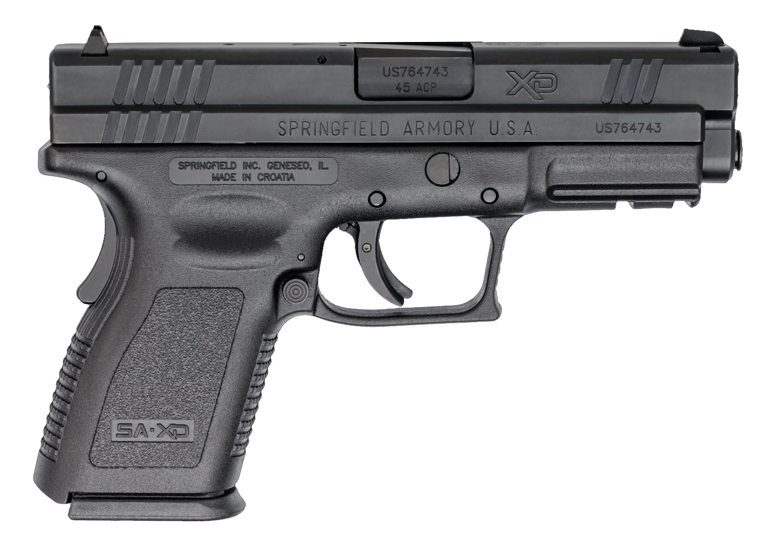 Springfield Armory XD9645 XD *CA Compliant Compact Frame 45 ACP 10+1, 4" Black Melonite Steel Barrel, Black Melonite Serrated Steel Slide, Black Polymer Frame w/Picatinny Rail